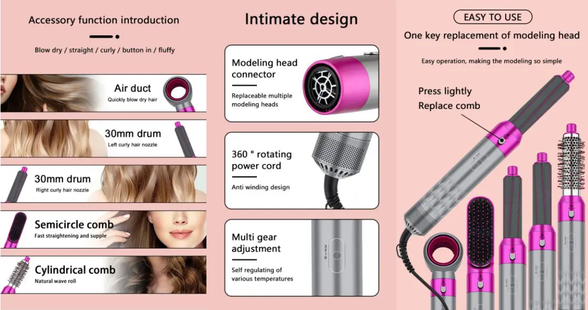 5 in 1 Hair Styler Hot Air Brush – Hair Dryer, Straightener, Curler, Comb & Volumizer with Negative Ion Technology for Easy Hair Styling
